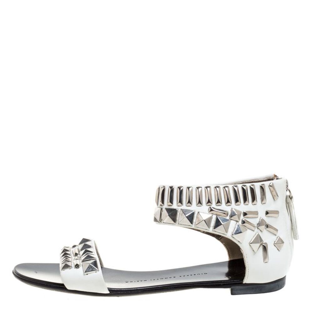 Giuseppe Zanotti White Leather Studded Ankle Cuff Zipper Flats Size 36 - Picture 2 of 7